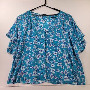 Torrid Blouse Womens 4  Button Front Short Sleeve V Neck Teal/White Flower Print